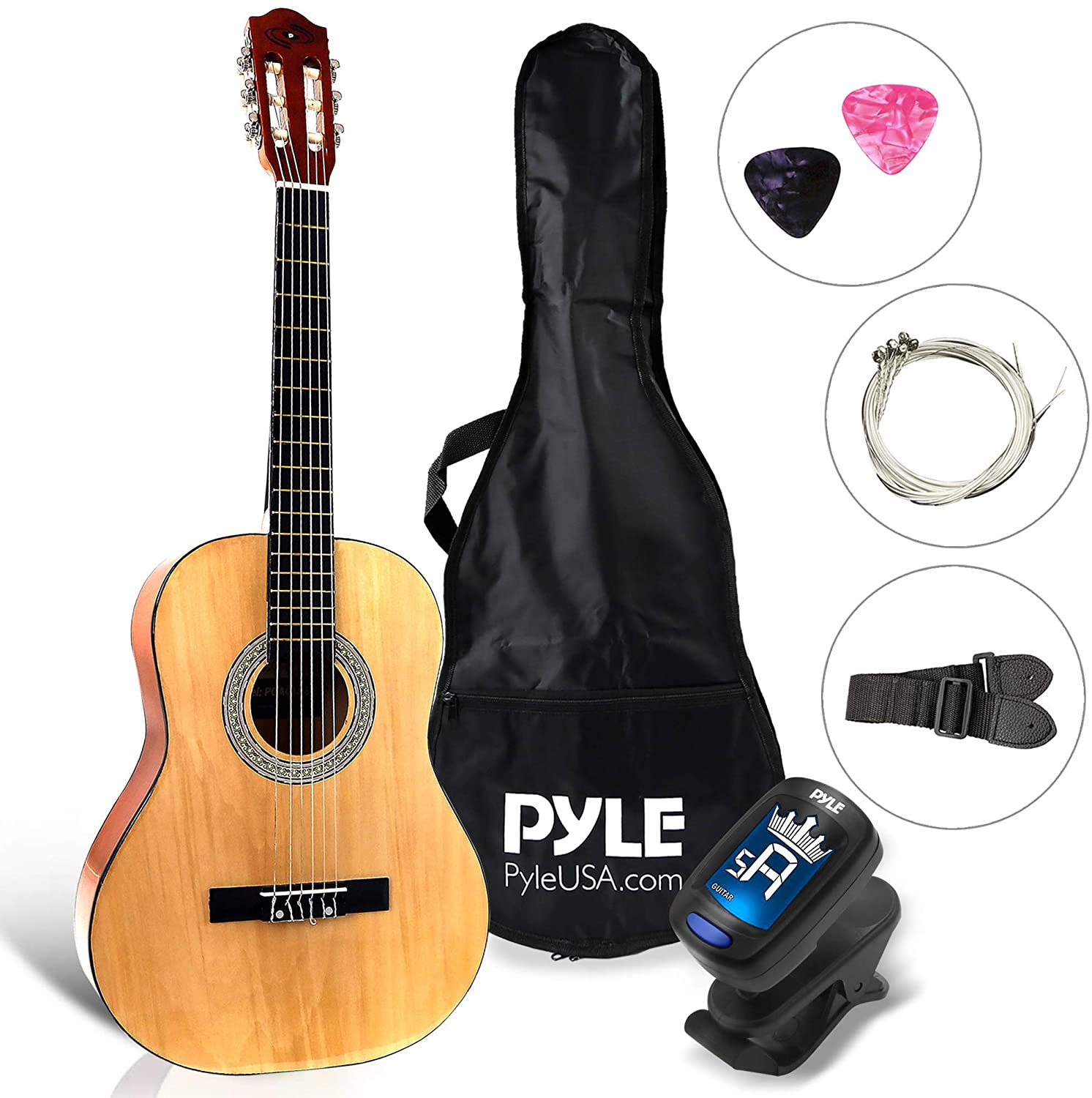 Beginner 36” Classical Acoustic Guitar - 6 String Junior Linden Wood Traditional Guitar w/Wooden Fretboard, Case Bag, Tuner, Nylon Strings, Picks, Cloth, Great for Beginners, Children - Pyle PGACLS82